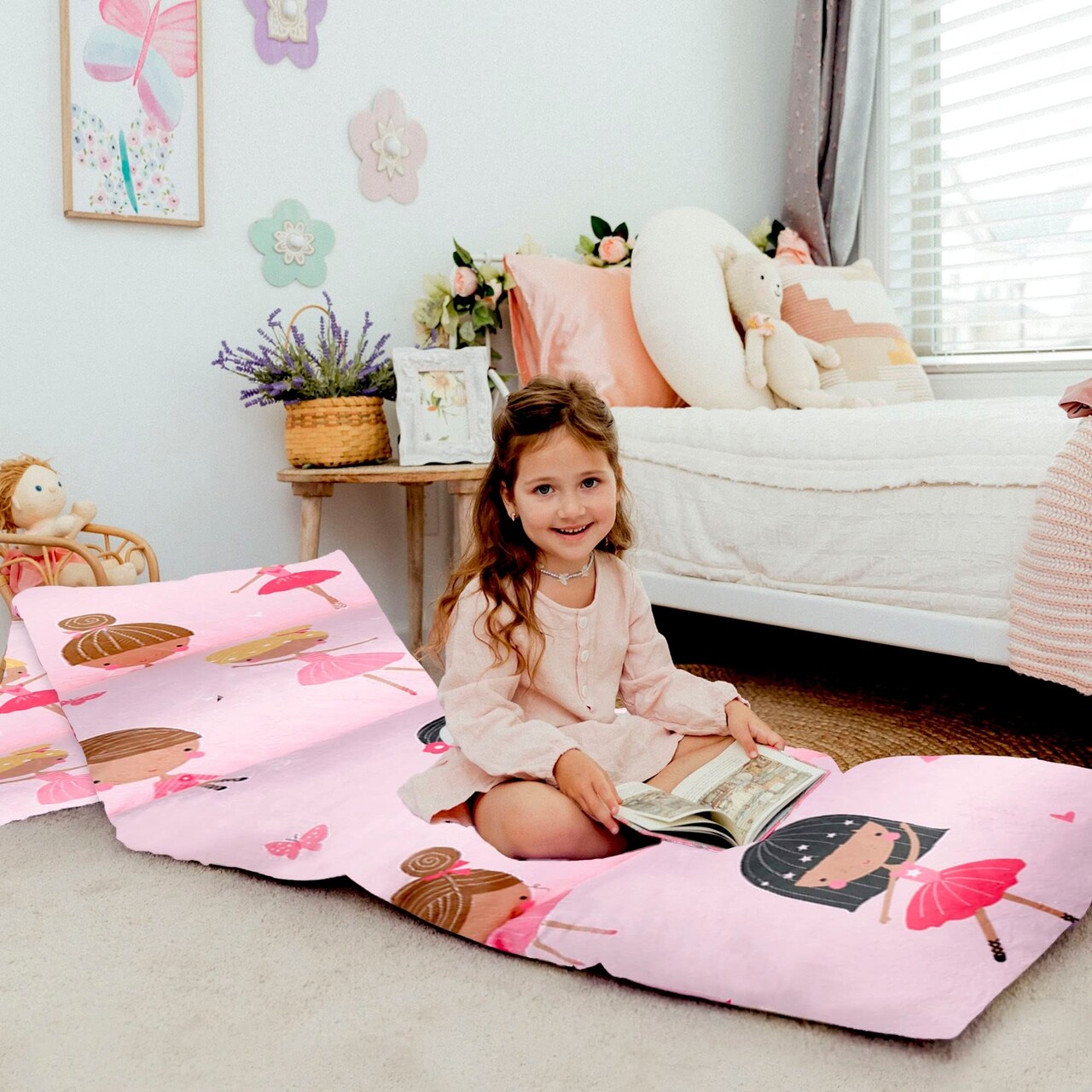 Butterfly Craze Floor Pillow Case - Lounger Support & Guest Bed Setup - Machine Washable Cover for Studio Apartment Essentials - Adjustable Floor Seating for Kids & Adults - Queen, Pink Ballerina